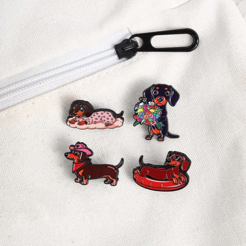 Niedliches Dackel-Emaille-Abzeichen, lustige Sonnenbrille und Blume, Wiener-Hund-Anstecknadel, Brosche, Schmuck, Geschenk für Freunde – Detail 4