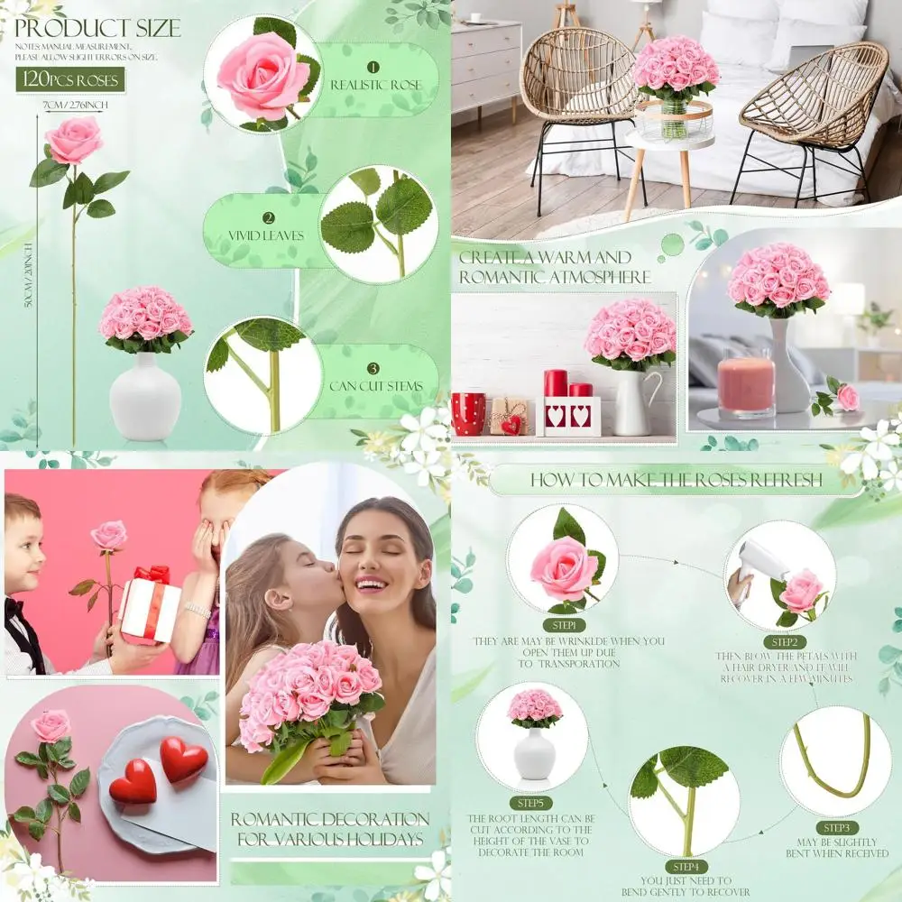 

Набор из 120 искусственных роз на длинных стеблях, шелковистые на ощупь, для свадеб, подарков на День святого Валентина (розовые)