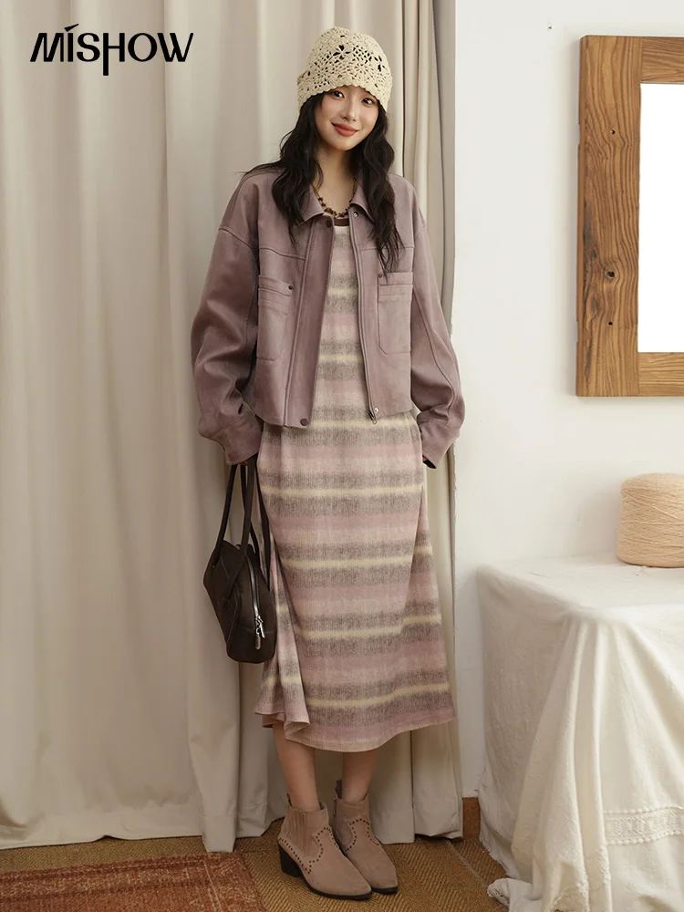 MISMHOW タロパープルレザージャケット秋 2025 コントラストスプリックスショートジャケット対称二層ポケットコート MXE44W0816