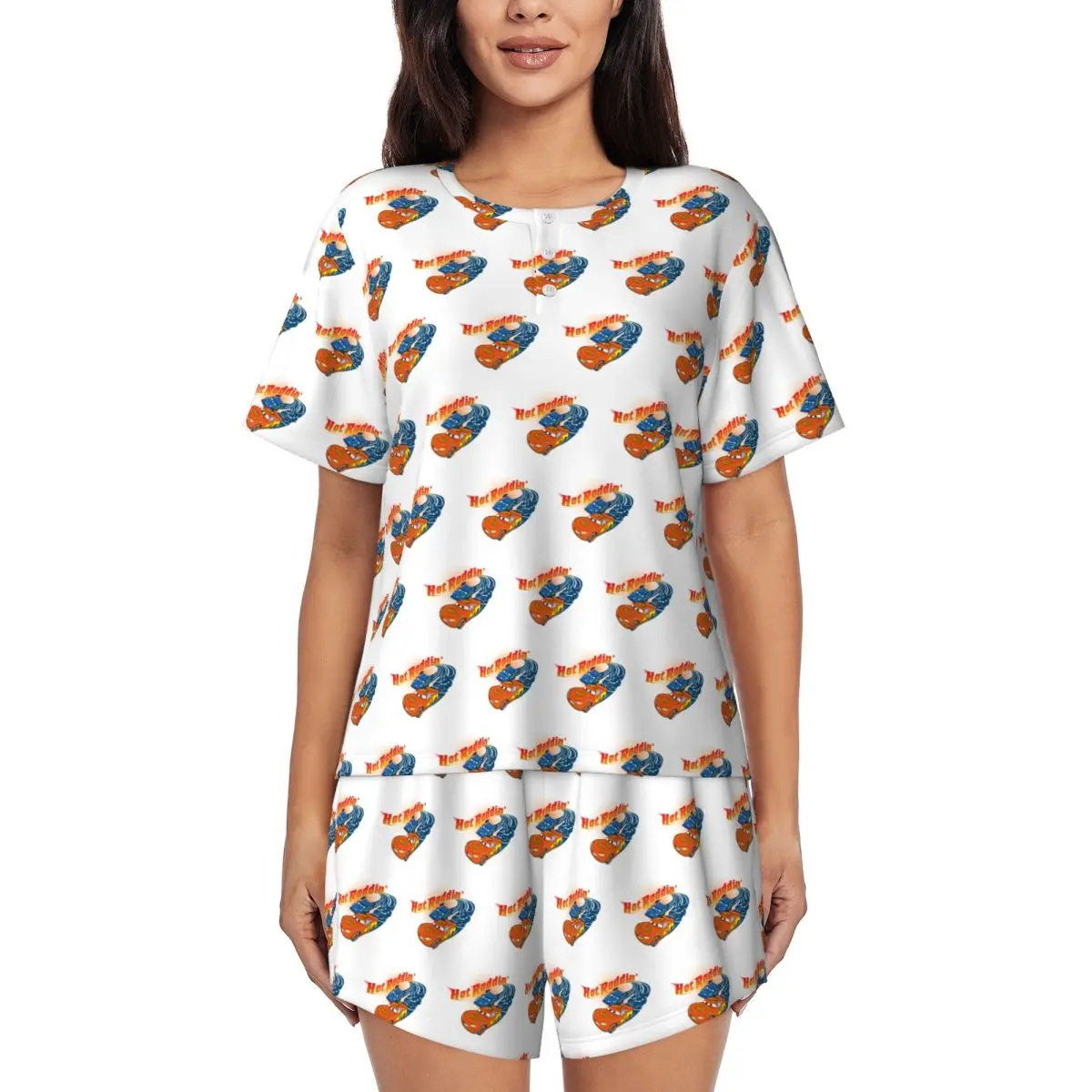 

Custom Cars Cartoon Lightning Mcqueen Pajama Sets for Women 2 Piece Short Sleeve Pjs Shorts Sleepwear