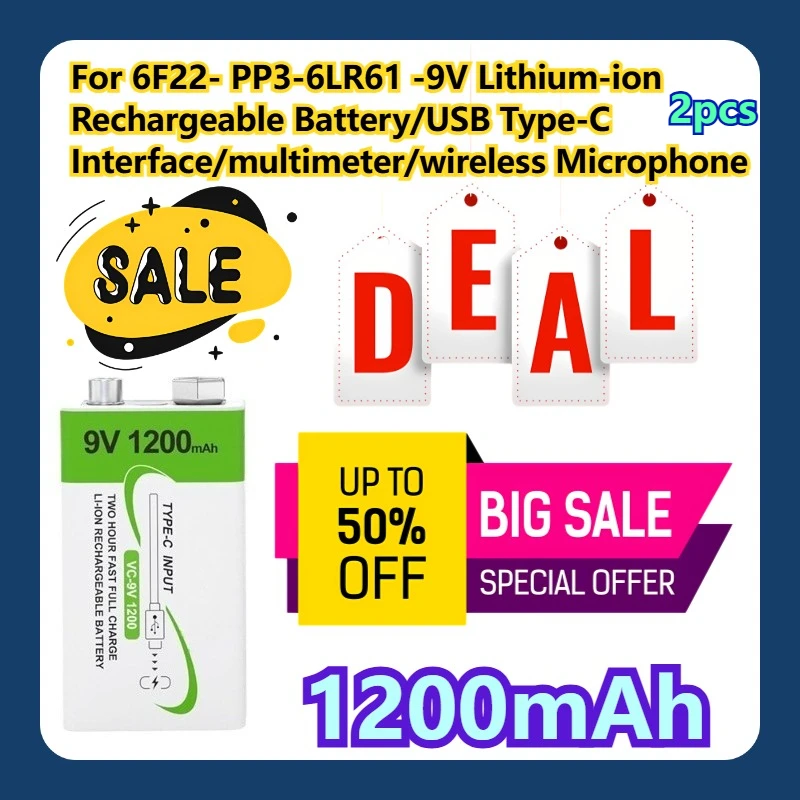 

For 6F22- PP3-6LR61 -9V Lithium-ion Rechargeable Battery/USB Type-C Interface/1200mAh/multimeter/wireless 2pcs