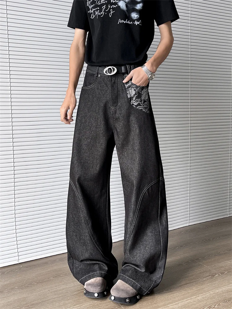 

Retro American A-Line Denim Jeans Men's Elegant Loose Straight Casual Summer Long Pants Trousers with Blade Design And Splicing