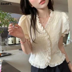 Casual Summer Shirts for Women 2024 Elegant Fashion Short Sleeve Korean Y2k Clothes Vintage Ruffles Puff Sleeve Crop Top Blouses