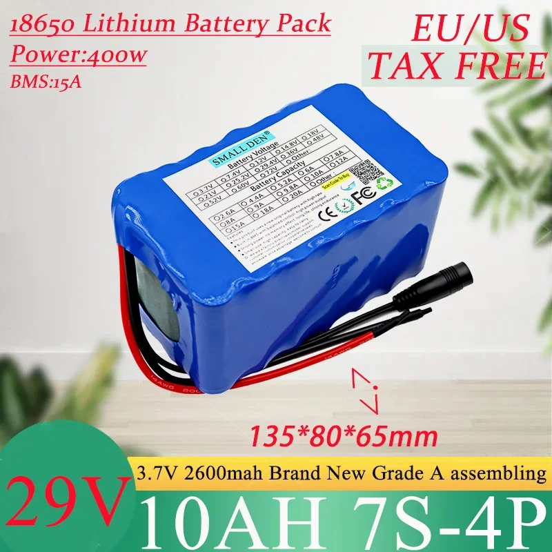 

29V 10Ah 18650 Rechargeable Li-ion Battery Pack 7S4P 24V 10Ah Electric Motor Electric Equipment High Power Battery with 15A BMS