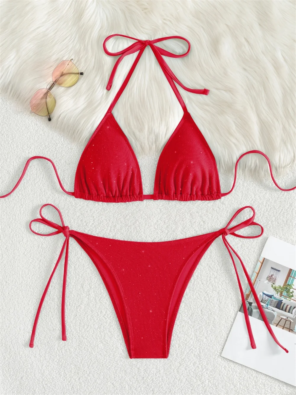 

Tinsel Sequin Bikini Triangle String Halter Backless Shiny Y2K Swimsuit Push Up Swimwear Extreme Thongs Women Beach Bathing Suit
