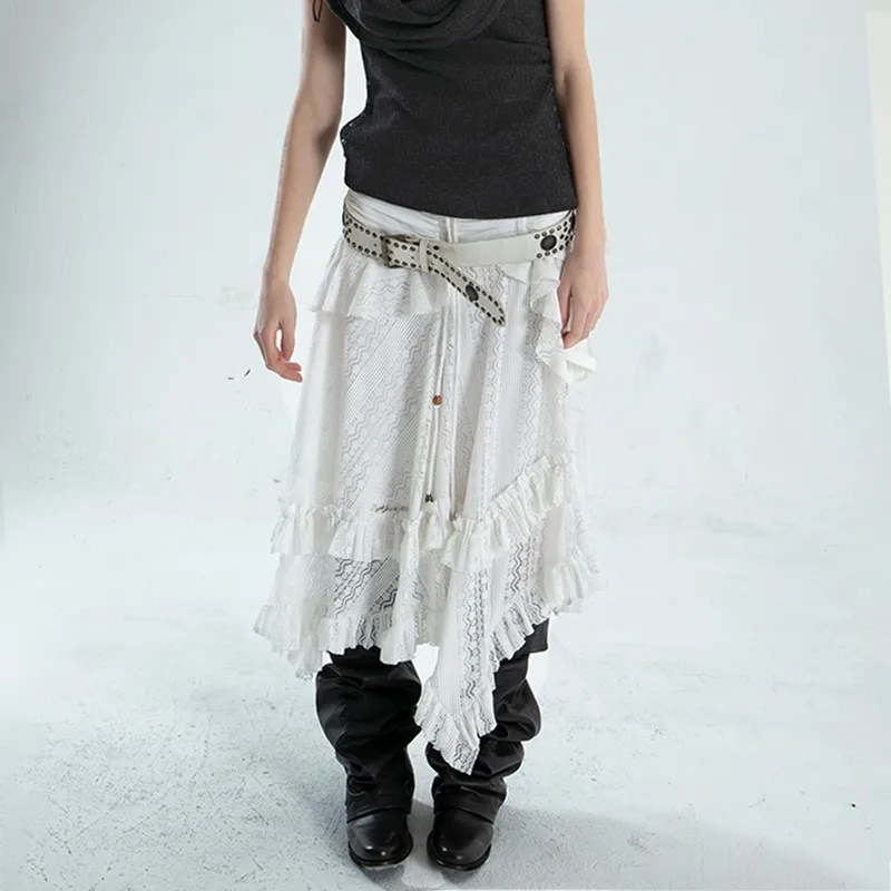 Karrcat Vintage Y2k Lace Long Skirt Grunge Aesthetics Irregular White Skirts Trashy 2000s Punk Style Ruffles Maxi Skirt Harajuku