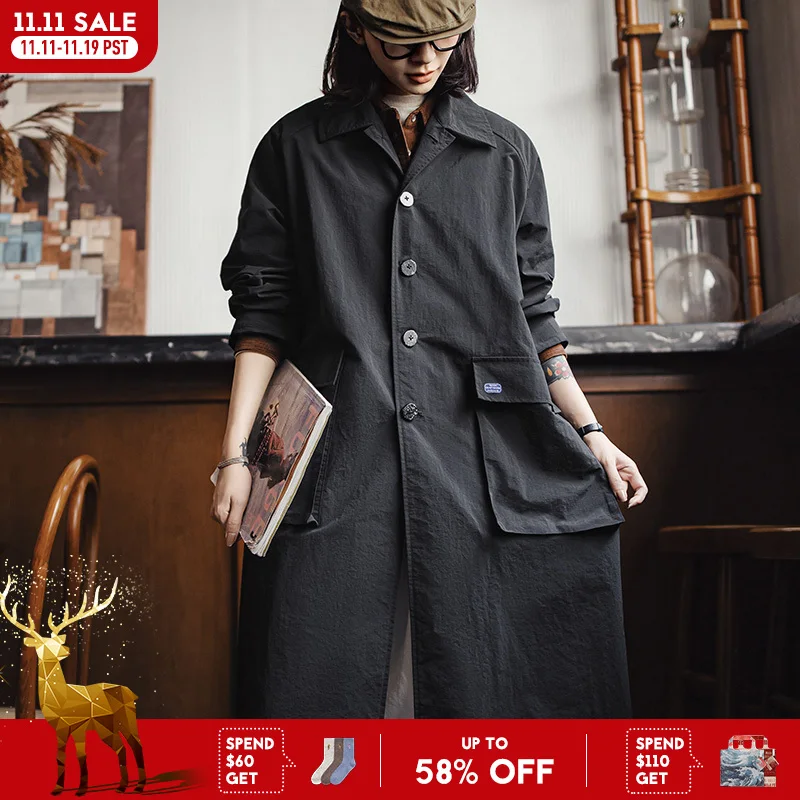 มาเดนเสื้อคลุมบาลมากาแอนสีดำของผู้หญิงคอปกกระดุมแถวเดียวความยาวปานกลางเสื้อกันลมสำหรับฤดูใบไม้ผลิและฤดูใบไม้ร่วงเสื้อโค้ทกันลม