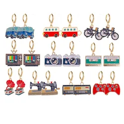 New Retro Nostalgic Style Alloy Earrings Bicycle Bus Sewing Machine Camera Record Dangle Earring Personalized Jewelry Gifts