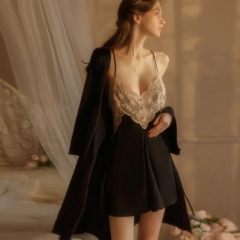 

Сексуальное платье для сна с открытой спиной, шелковое кружевное домашнее платье с v-образным вырезом, одежда для сна, ночная рубашка, повседневная домашняя рубашка, 2 шт., ночная рубашка, халат