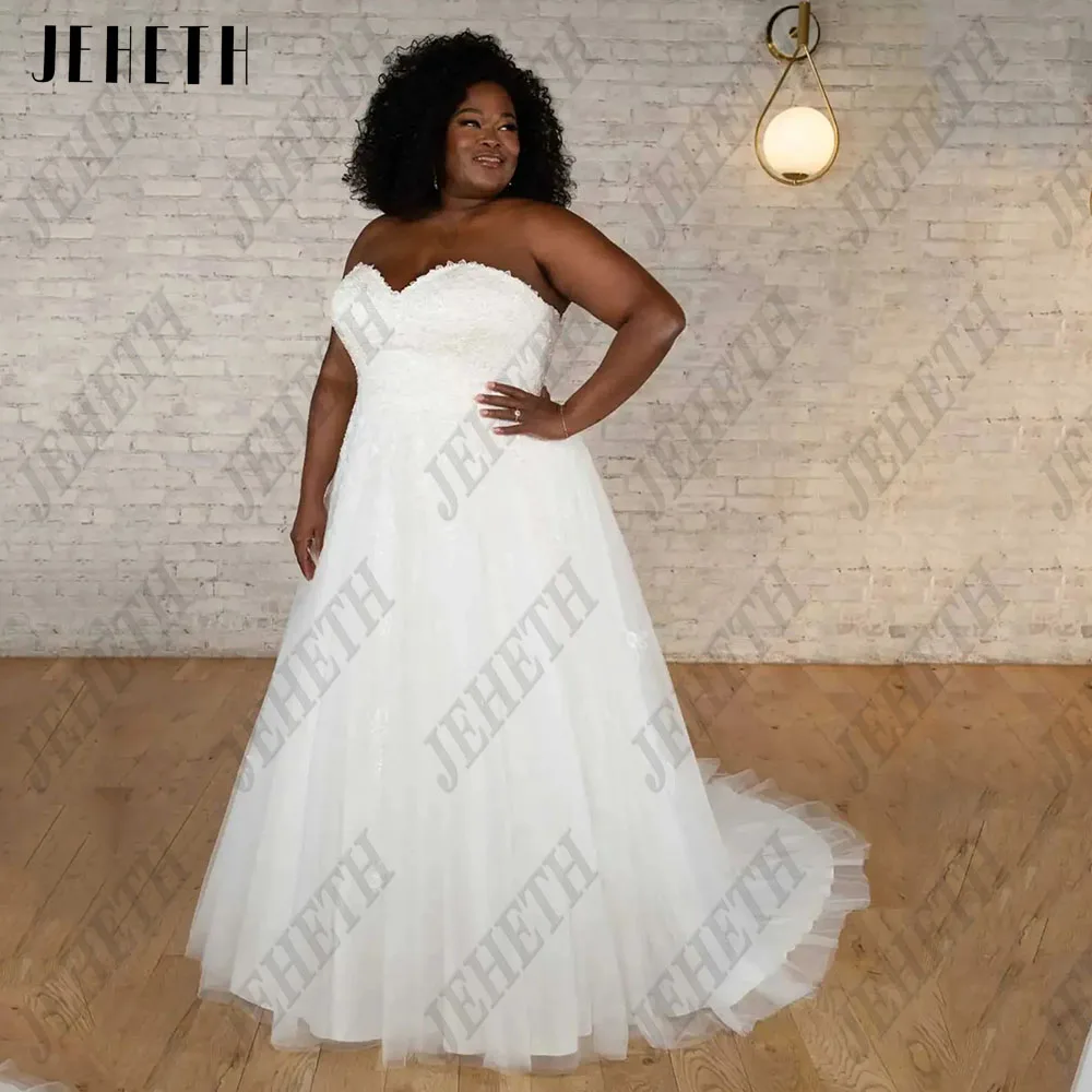 JEHETH Elegant Sleeveless Wedding Dresses Lace Up Sweetheart Bride Gowns Plus Size Lace Applique A-Line vestidos de novia