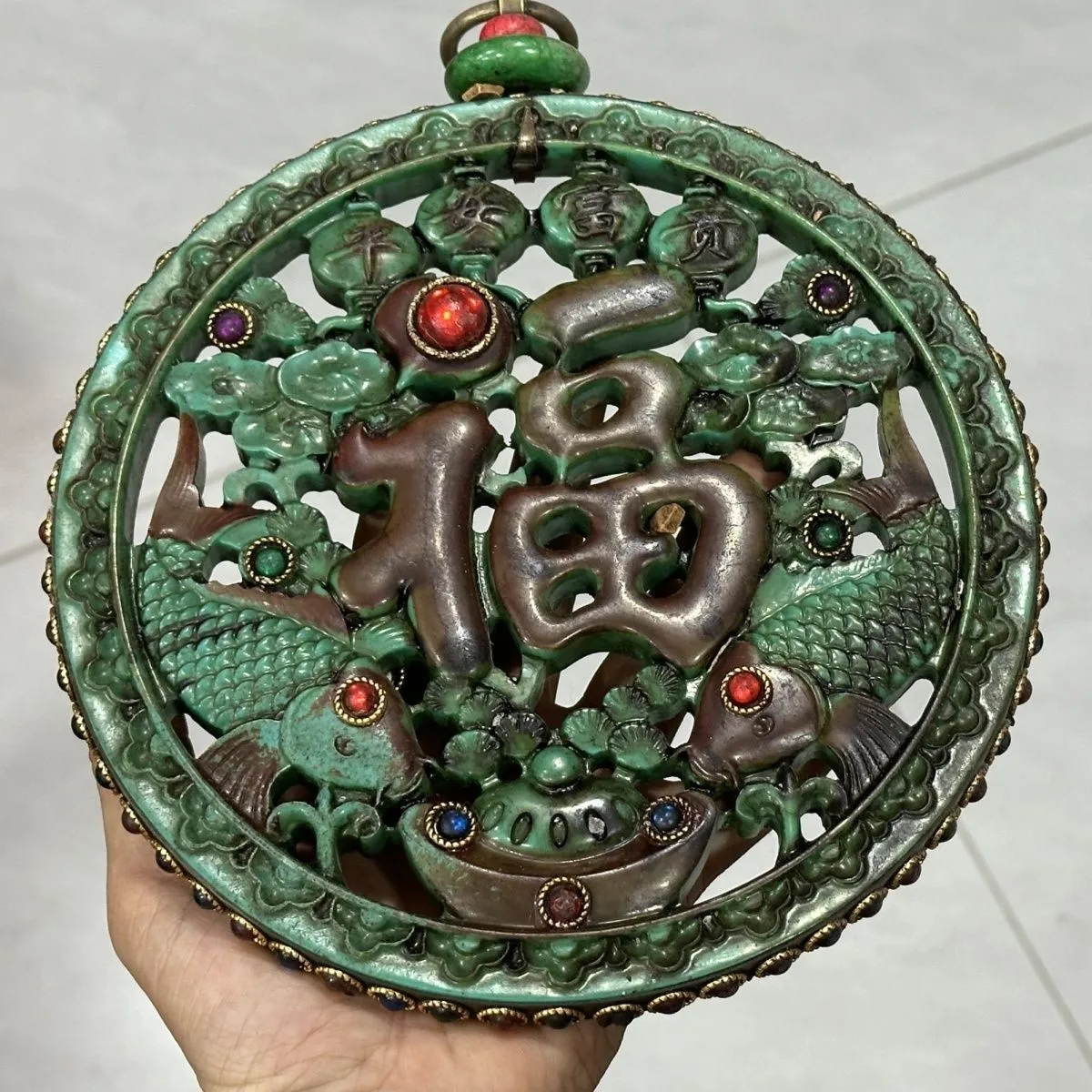 Antique Collection Jade Inlay Gemstone Carved Ornament Vintage Peaceful Blessing