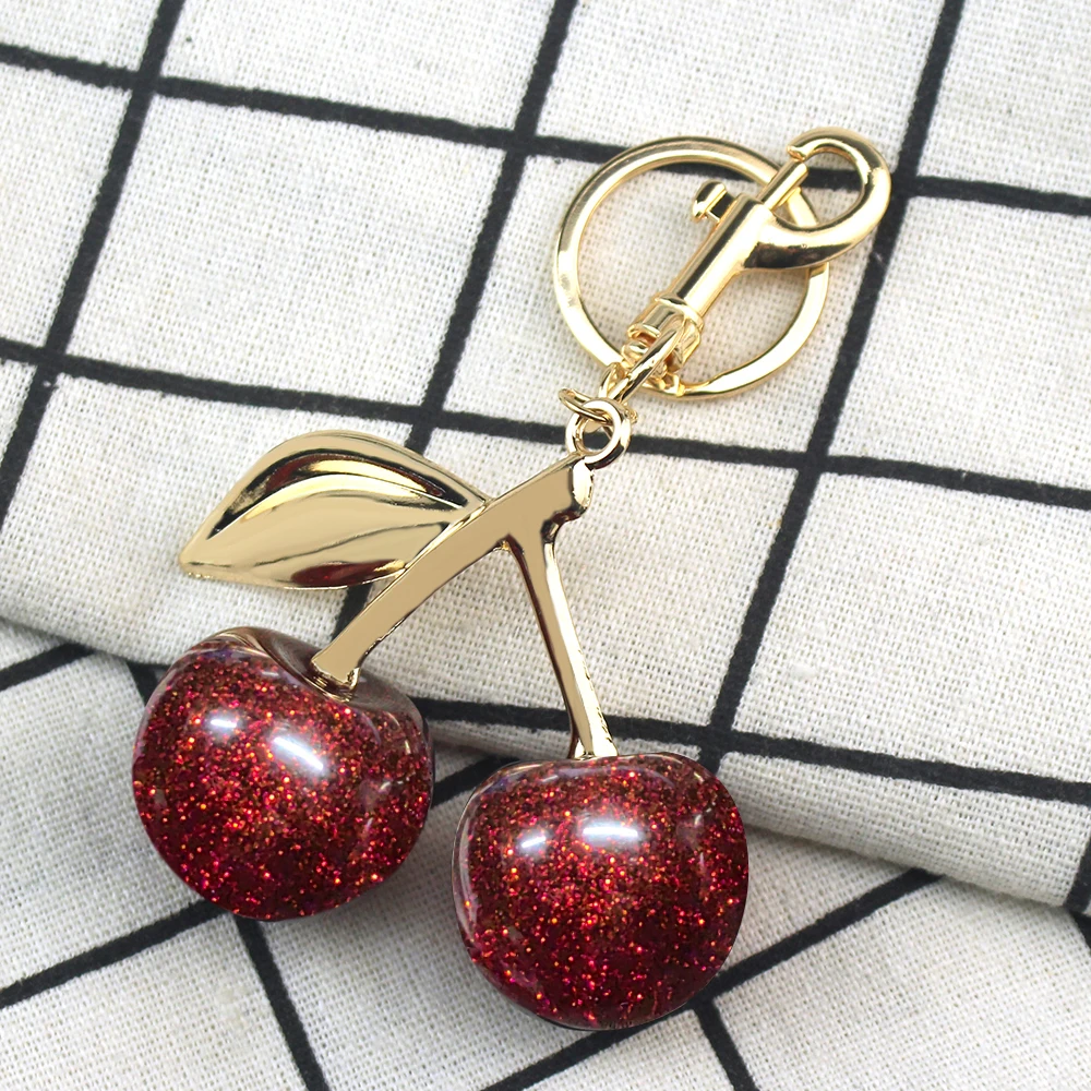 Cherry Charm Keychain Cherries Pendant Shoulder Bag Decoration Fruit Leaf Shape  Exquisite Keyring Holder Handbag Accessory