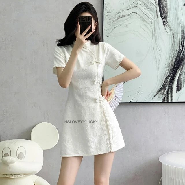 Spliced Pearl Bow Frog Button New Chinese Style Modified Cheongsam Two-Piece Dress New Arrival Women Elegant Cheongsam Dress