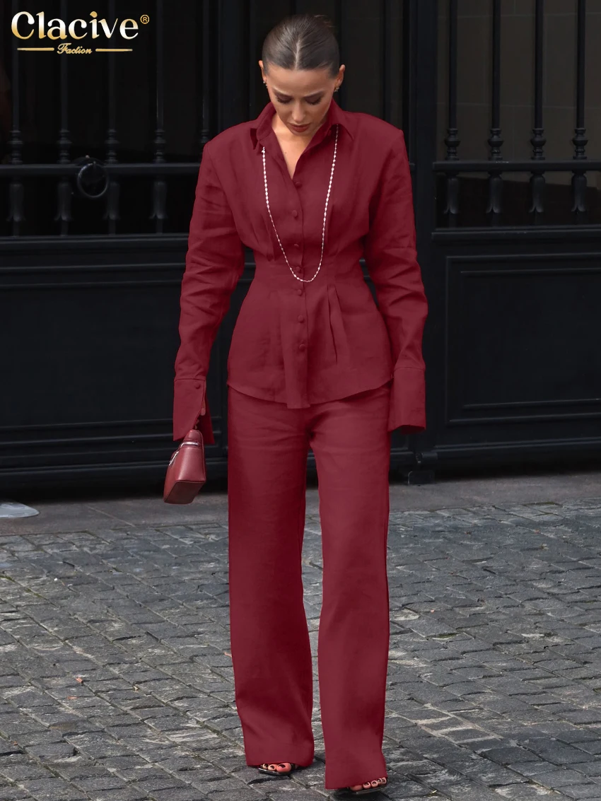 

Clacive Fashion Slim Red Cotton Set 2 Piece Woman 2025 Elegant Long Sleeve Shirt With High Waist Wide Pants Set Female Streetwer