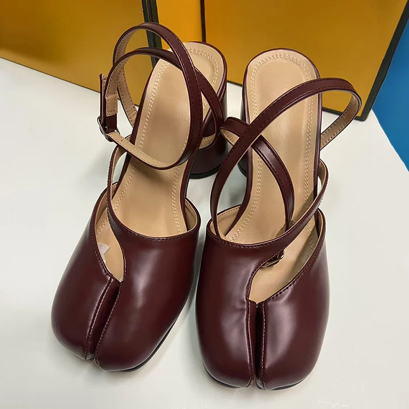 

2025 Tabi Sandals Women Ins Style Cross Ankle Strap Buckle Slingback Chunky High Heels Elegant Mary Jane Split-toe Shoes
