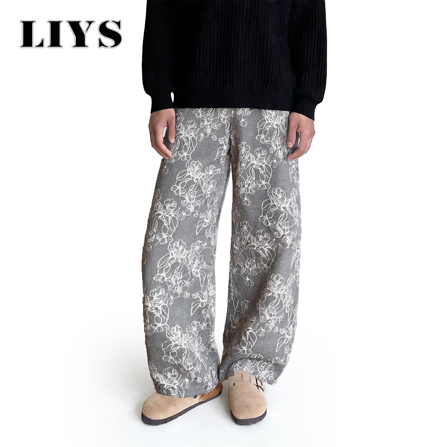 

LIYS New Japanese Korean Style Floral Jacquard Fabric Baggy Straight-Leg Jeans American Retro Daily Casual Denim Pants Unisex