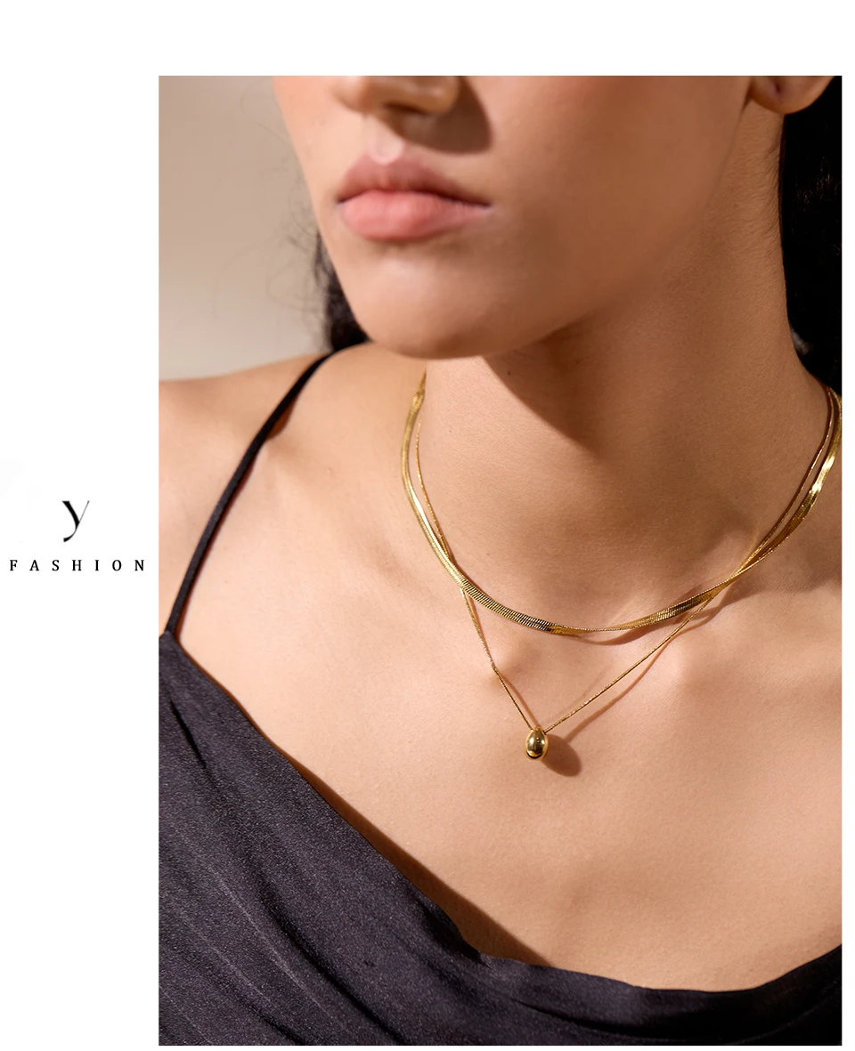 Yhpup Schlangenkette, doppellagiger Edelstahl, Wassertropfen-Anhänger, Halskette für Damen, Statement-Schmuck aus 18 Karat Gold, wasserdicht – Detail 2