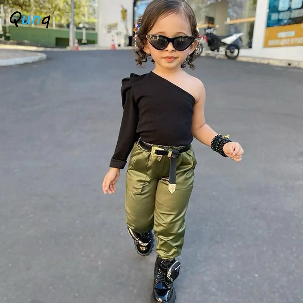 

Qunq Spring Summer New Girls Solid Off-The-Shoulder One Sleeve Top + Overalls 2 Pieces Set Sporty Casual Kids Clothes Age 3T-8T