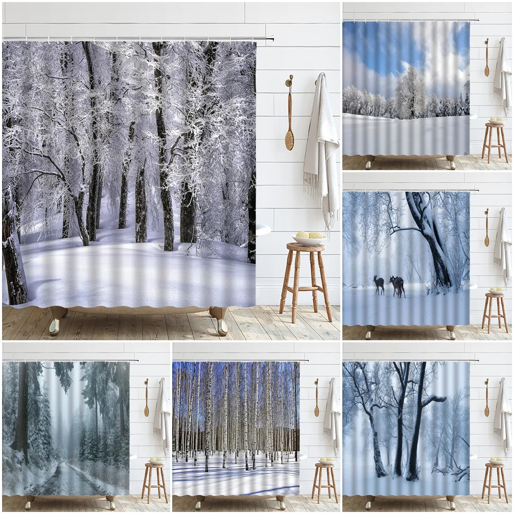 

Winter Forest Shower Curtain Bathroom Set Snowy Outside Natural Scenery Tree Home Bath Bathtub Decor Waterproof Fabric Curtains