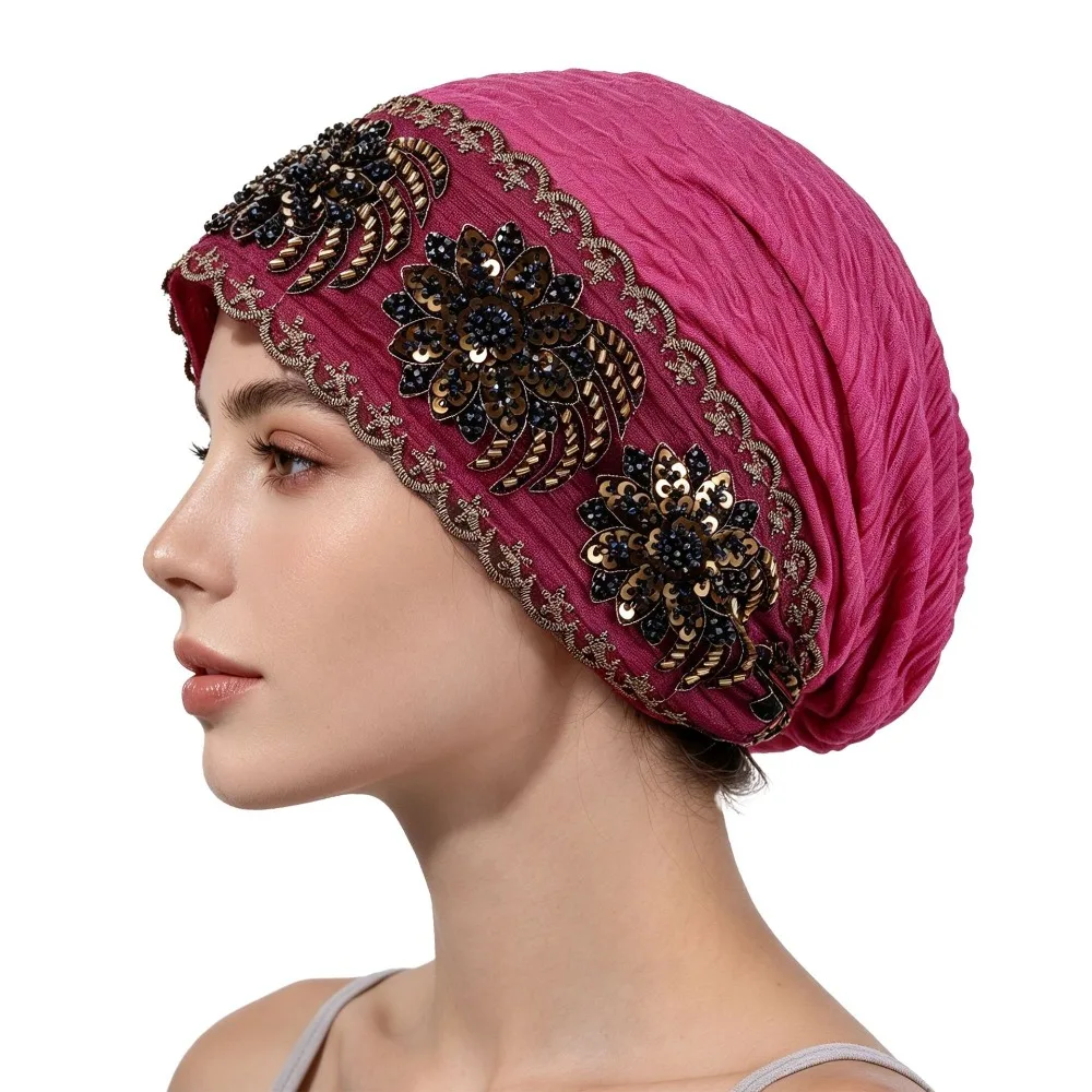 Beaded Sequin Brimless Turban Cap Lace Trim Floral Embroidery Hair Wrap Bonnet High Top Breathable Head Cover Hat