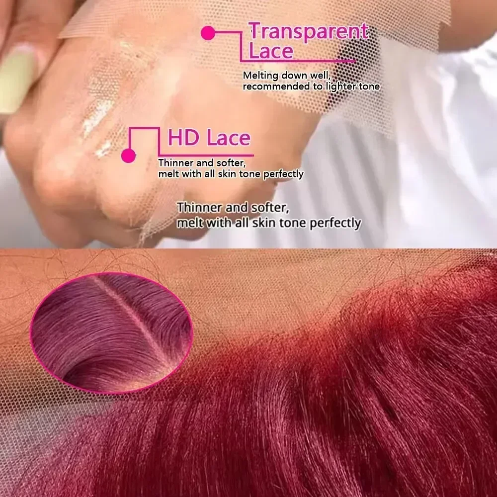 Peluca de cabello humano liso para mujer, postizo de encaje Frontal transparente, color rojo borgoña, 99J, 13x4, 200% de densidad