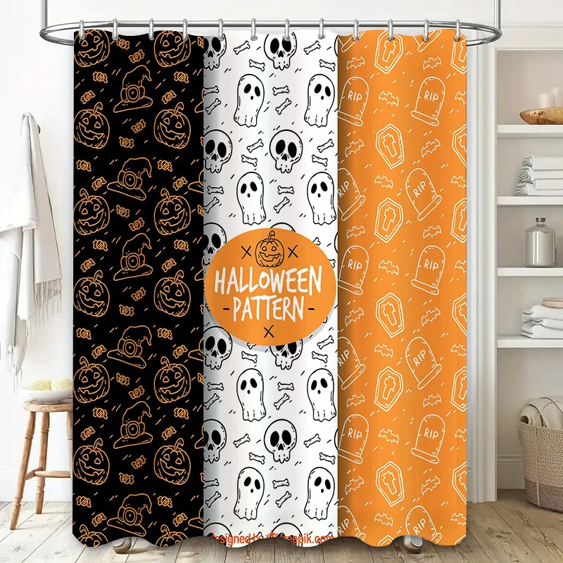 Haunting Halloween Patterns Shower Curtain Set Creepy Pumpkin Skull Bones Print for Home Decor Orange Black White Collection by