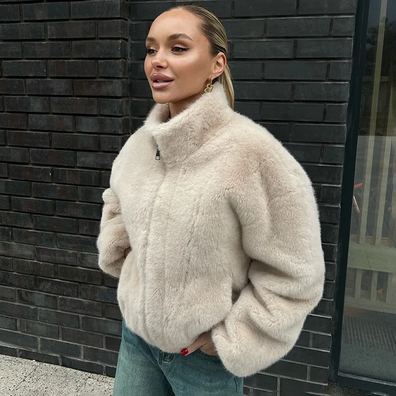 Tornova Stand Collar Faux Fur Coat For Women Fashion Zipper Warm Plush Jacket 2025 Autumn Winter New Solid Streetwear Short Coat