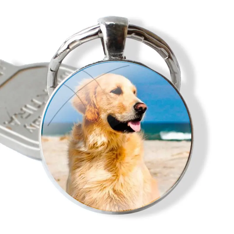 Fashion Design Cartoon Creative Keychain Handmade Glass Cabochon Key Ring Holder Pendant Key Chains Popular Golden Retriever Dog