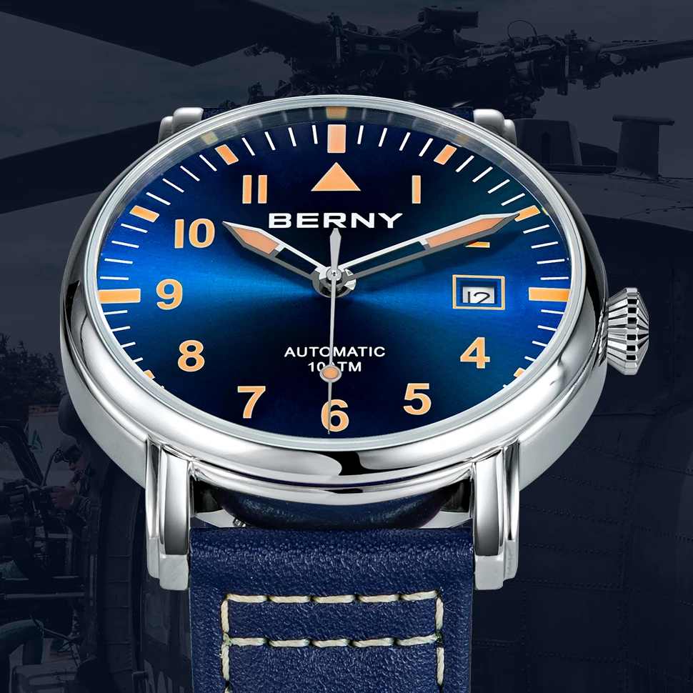 BERNY Pilot Automatic Watch Men Mechanical Luminous Army Military Vintage Watch Sapphire Waterproof 100m Diver Wristwatch Men