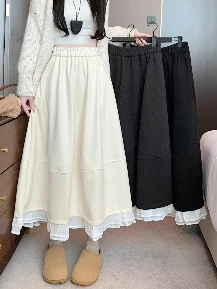 

Sweet High Waist Skirt Women Patchwork A Line Preppy All Match Harajuku Skirts Student Autumn Winter Elegant Loose Casual Skirt