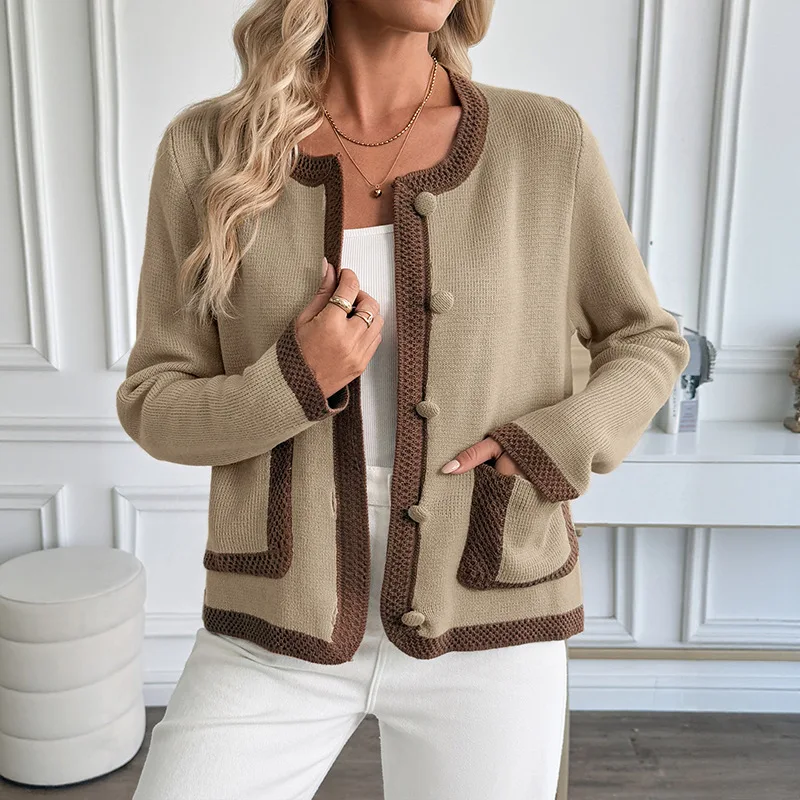 

New European American Autumn Retro Contrasting Colors Versatile Small Fragrance Style Knitted Cardigan Women's Sweater Jacket
