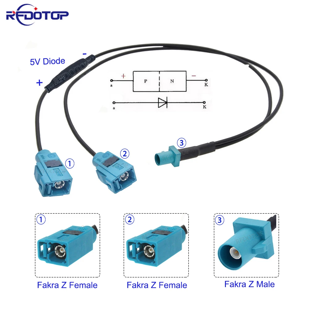 

RG174 Fakra Z Male to 2*Fakra Female Connector 1 to 2 Y Type Splitter Cable With Diode Pigtail Car GPS Antenna Extension Cable