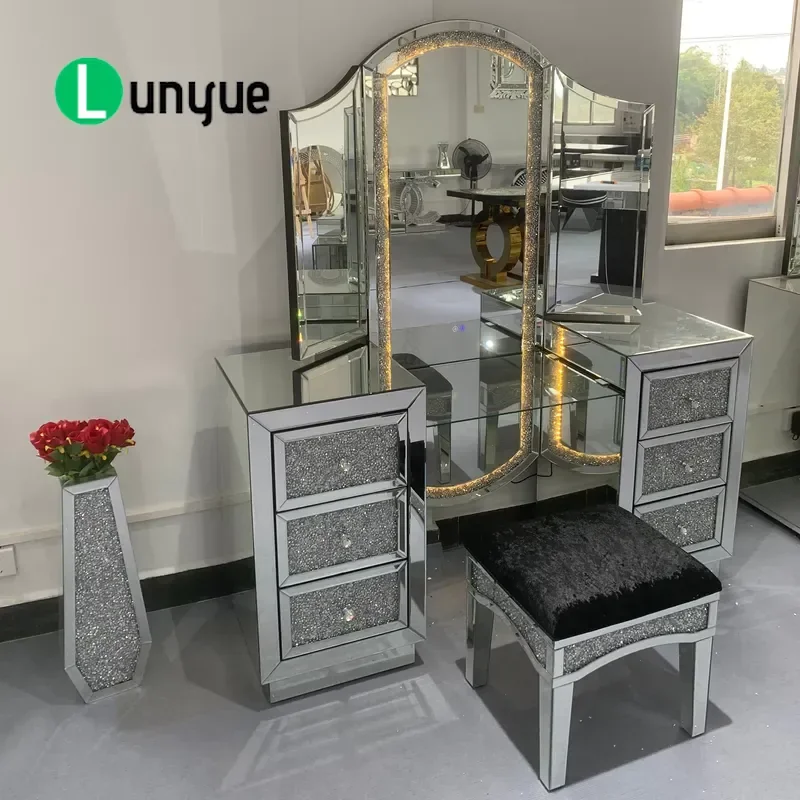 Modern LED Makeup Vanity Desk with Adjustable Wood Panel Lighted Mirror Bluetooth Bedroom Furniture for Hotel or Living Room