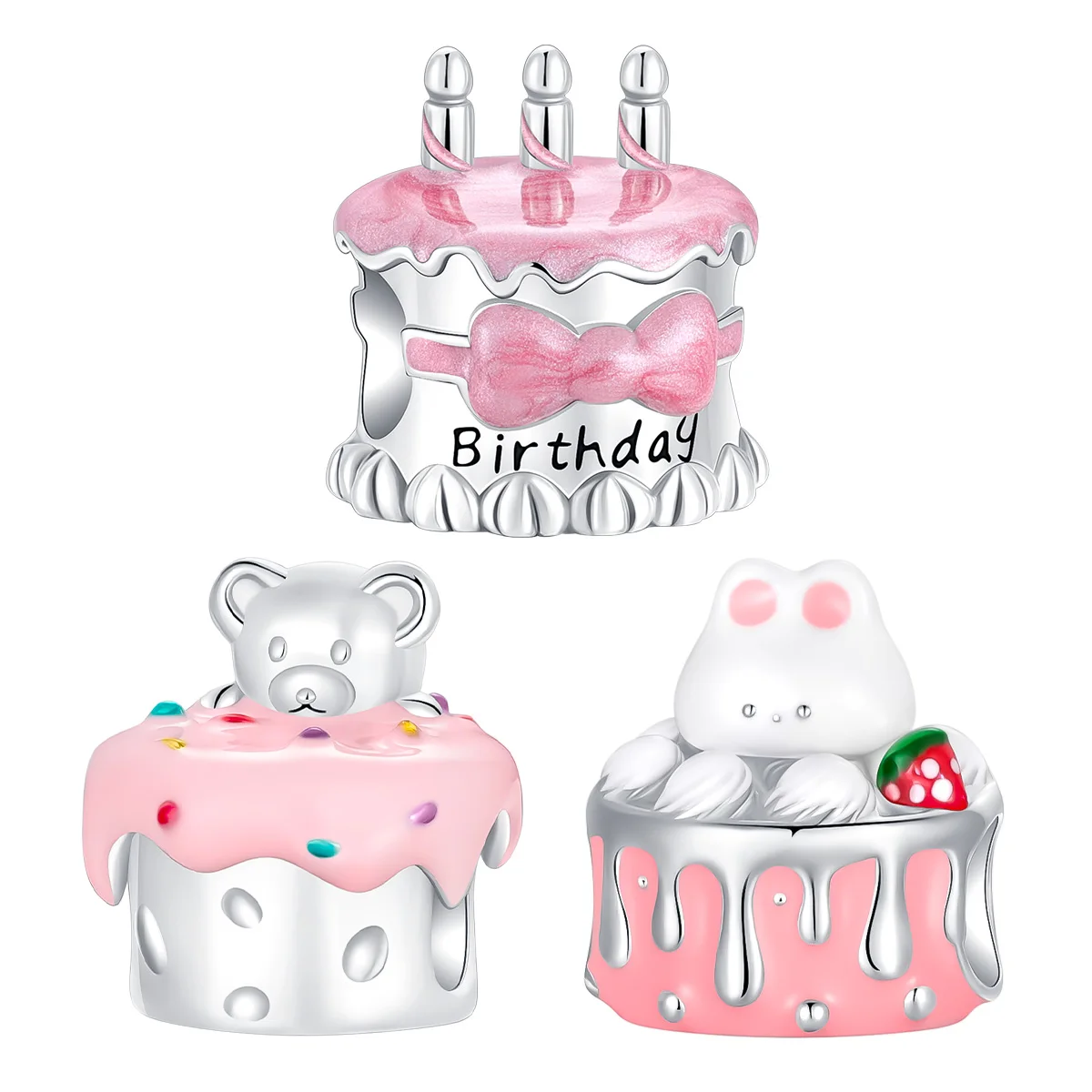 2025NEW 925 Silver Bunny Bear strawberry birthday cake beads Charms Fit Original Beads Pendent Dangle Bracelet DIY Women Jewelry