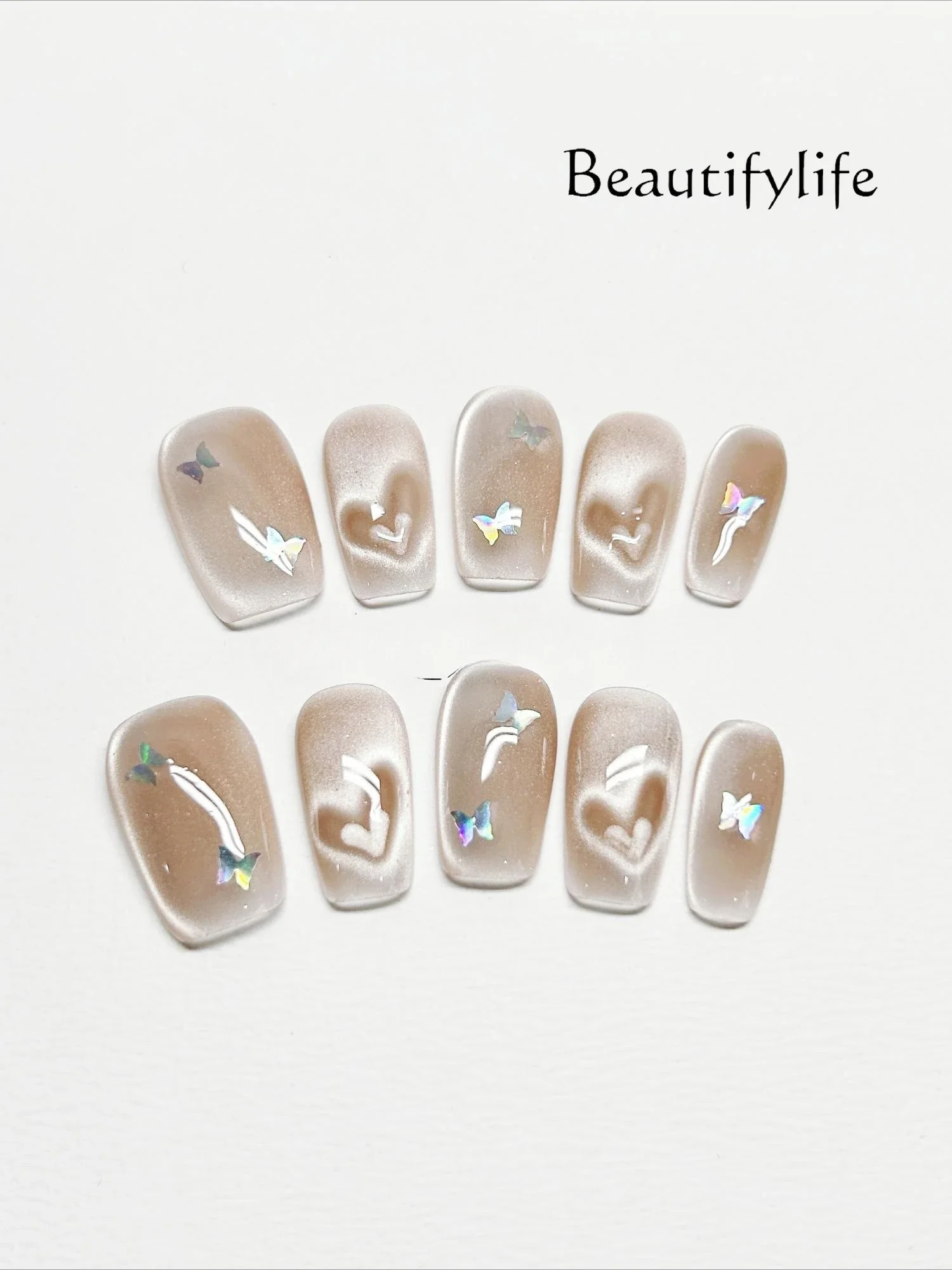 

Love manicure cat's eye pure handmade wearing nail patch white and cute