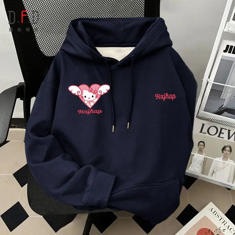 Hot Sanrio Hellokitty Hooded Sweatshirt for Girls Autumn Winter Winter Loose Plus Velvet and Thickened Couple Wear Casual Jacket