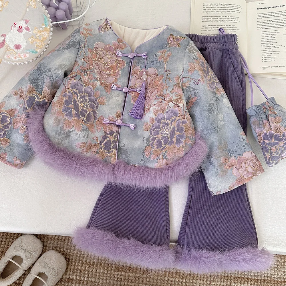 

Chinese Style Thickened Winter Outfit for Girls 2025 New Flocked Wide Leg Pants Set with Frog Buttons