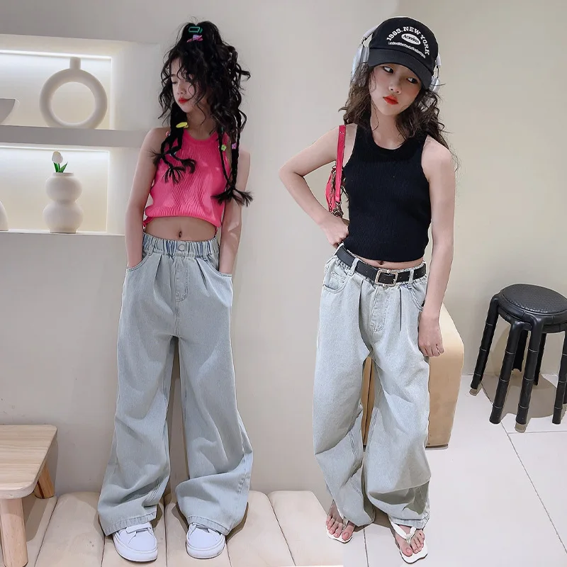 

Girls Summer Set Fashion Trendy Sleeveless Children Clothes Ice Silk Vest Jeanst Two Pieces Streetwear Kids Outfits 5-14 Years