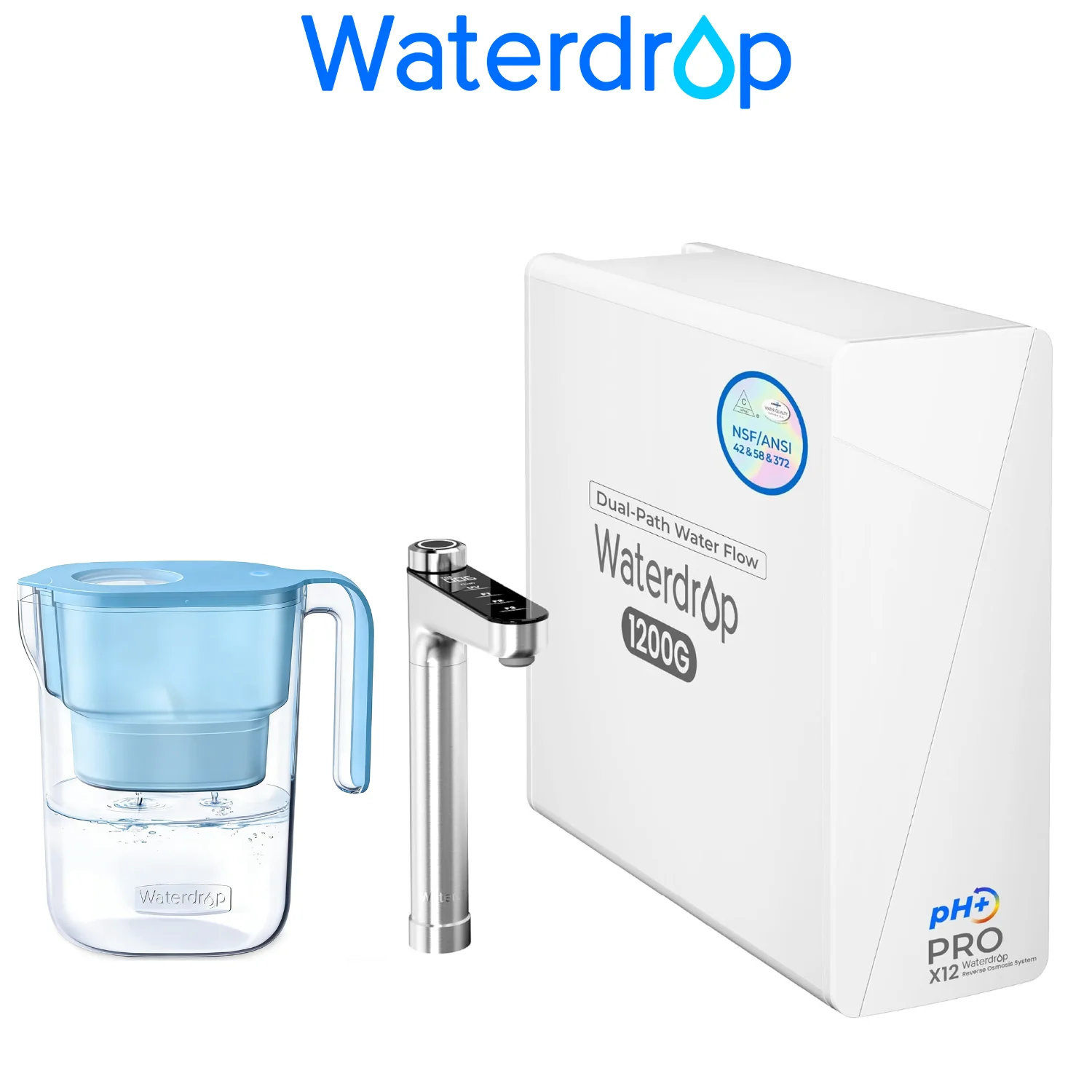 

[ Dual Flow ] Waterdrop X12-PRO 1200 GPD Reverse Osmosis Water Filter, Including Waterdrop Water Filter Pitcher with 1 Filter