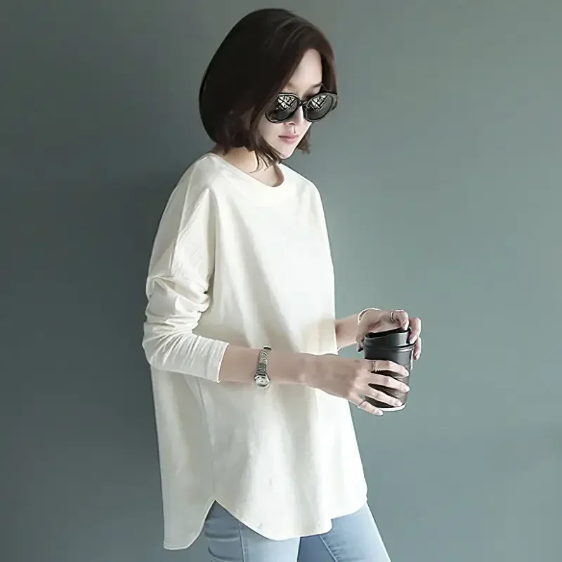 Woman Tshirts Sweater Long Sleeve White T-shirt Women Loose round Collar in Black Ropa Mujer Camisetas