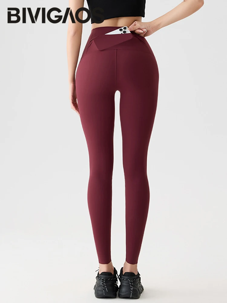 BIVIGAOS High Waist Back Pocket Sharkskin Leggings Women Tight Sexy Sports Fitness Leggings Spring Autumn Running Yoga Leggings