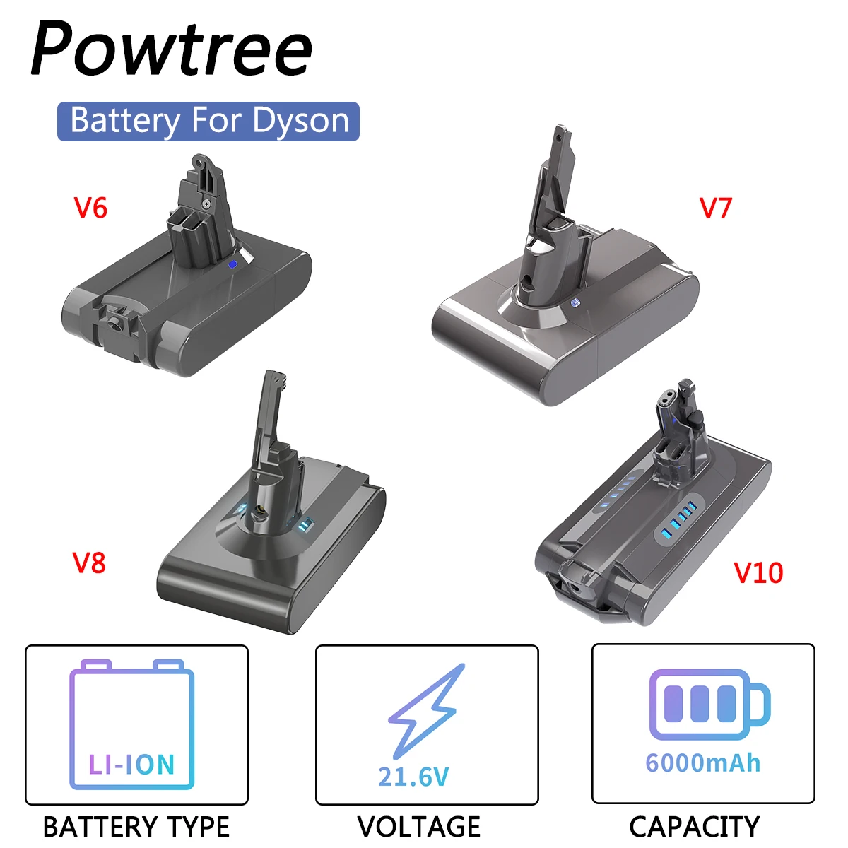 

Powtree 21.6V 6000mAh Replacement Battery For Dyson V6 V7 V8 V10 Series SV07 SV09 SV10 SV12 DC62 Handheld Vacuum Cleaner Battery