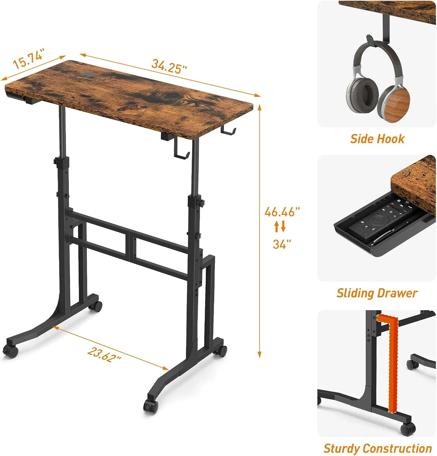 Adjustable Rolling Desk with Wheels, Suitable for Treadmill and Bike Trainer, Standing Workstation for Walking Pad, Laptop, Phone, Brown