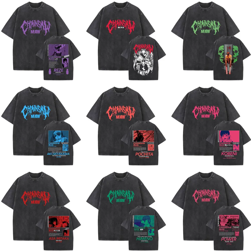 

Washed Vintage Anime Chainsaw Man Graphic T-shirt Men Women High Quality Cotton Short Sleeve T Shirts Men's Oversized Streetwear