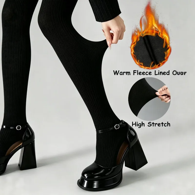 Ribbed Thermal Tights, High Waist Butt Lifting Stretchy Fleece Lined Pantyhose Winter Leggings