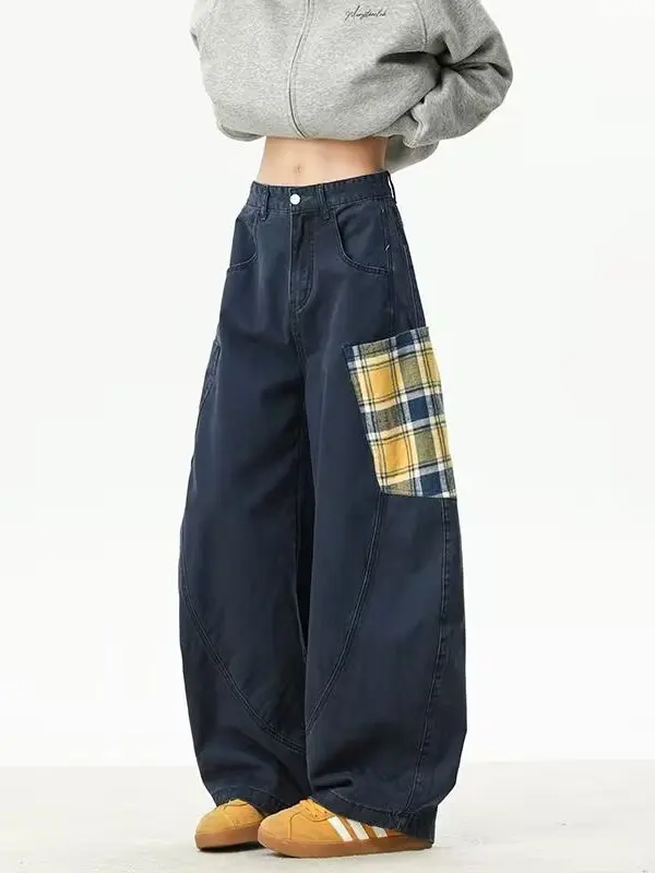 

Мужские повседневные широкие брюки American Sle: весенне-осенние, в клетку, с дизайнерскими вставками, свободные джинсы с эффектом потертости