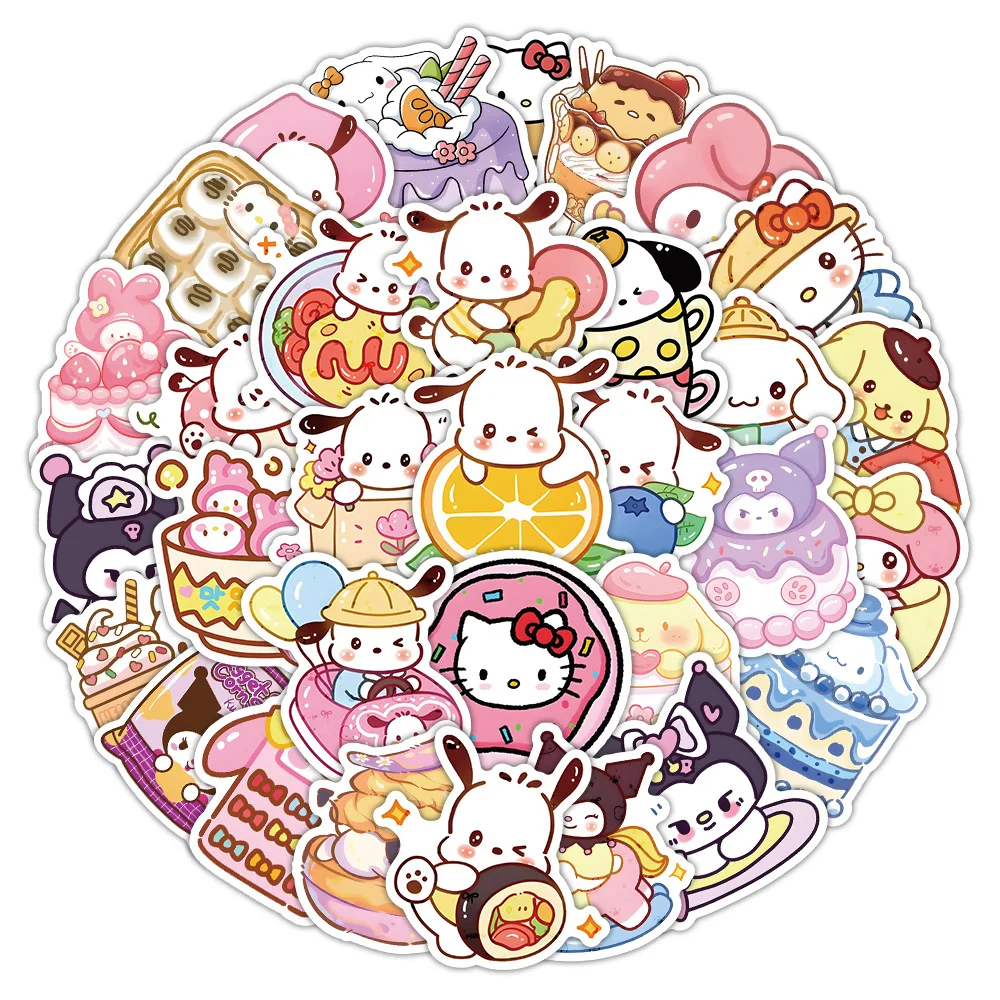 Autocollants de nourriture de dessin animé Kawaii pour enfants, Sanurgente, Hello Kitty, Kuromi, graffiti mignon, planche à roulettes bricolage, jouet de décalcomanie imperméable, JEWaterproof, 10 pièces, 30 pièces, 50 pièces