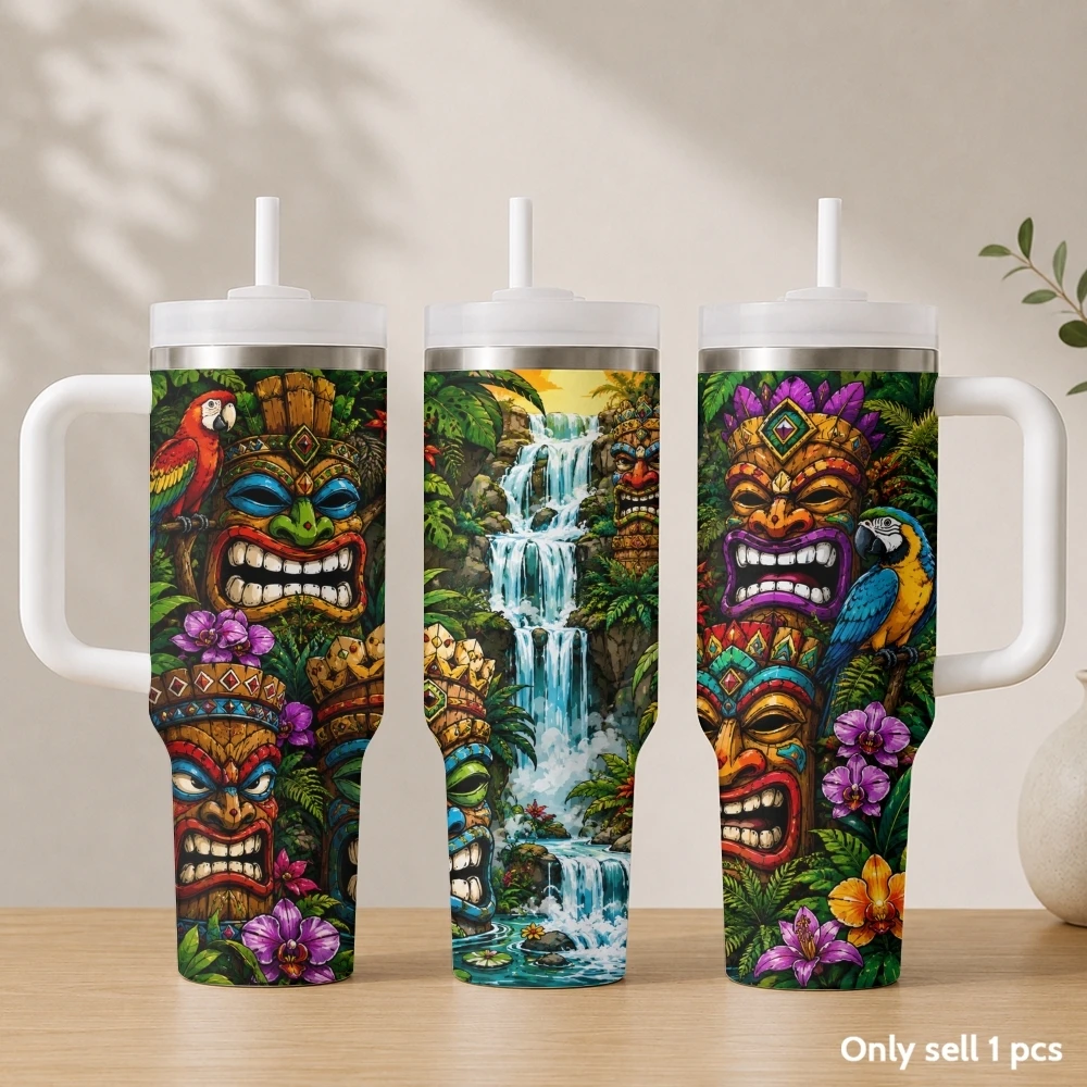 Indian mask pattern Vacuum Flasks 40oz Stainless Steel Insulated Tumbler with Handle & Straw Leakproof Travel Mug