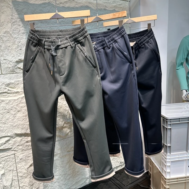 

Мужские зимние повседневные хлопковые брюки с ветрозащитной и теплой шерстяной подкладкой, прямого кроя, комфортные термоштаны для осени и зимы