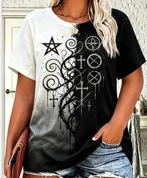 Women Gothic Occult Pentagram Cross Print T‑Shirt Magic Symbol Split Black‑White Tie‑Dye Crew Neck Short‑Sleeve Casual Tops